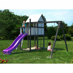 Akubi children's playhouse "Frida" SET natural with extension, paneling, children's coloring sets, double swing extension, wave slide purple – Vorschau 1