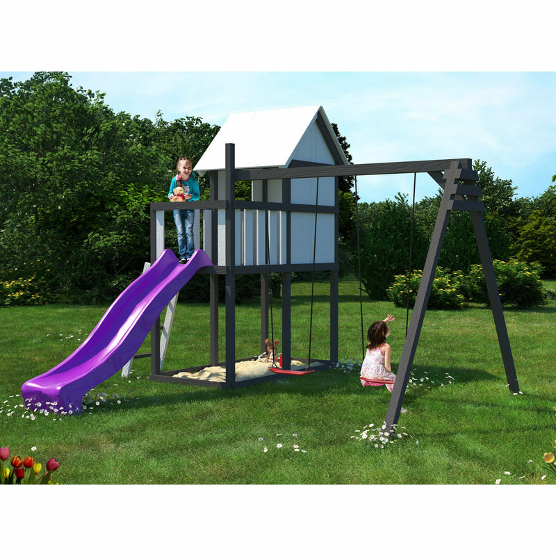 Akubi children's playhouse "Frida" SET natural with extension, paneling, children's coloring sets, double swing extension, wave slide purple