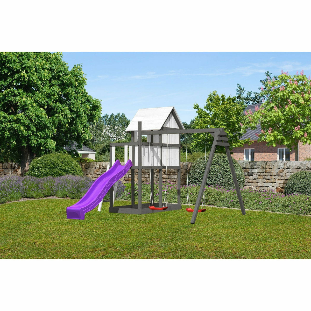 Akubi children's playhouse "Frida" SET natural with extension, paneling, children's coloring sets, double swing extension, wave slide purple