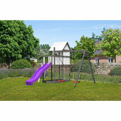 Akubi children's playhouse "Frida" SET natural with extension, paneling, children's coloring sets, double swing extension, wave slide purple – Vorschau 2