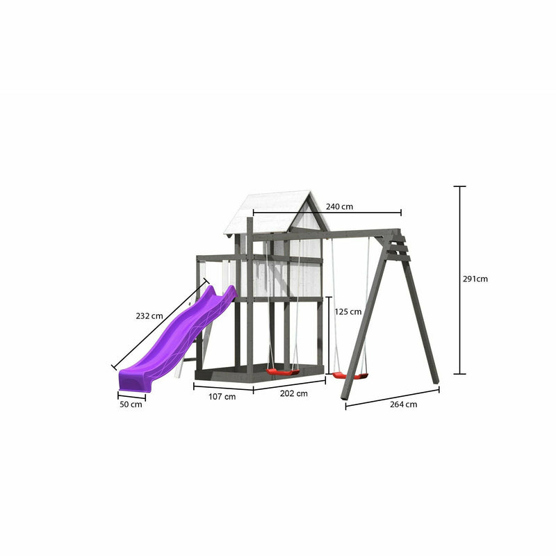 Akubi children's playhouse "Frida" SET natural with extension, paneling, children's coloring sets, double swing extension, wave slide purple