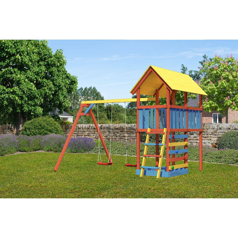 Akubi Kinderspielturm  "Zirkusturm" SET naturbelassen mit Kletterwand, Schaukelanbau doppel, Verlängerung, Kinderfarbmalsets
