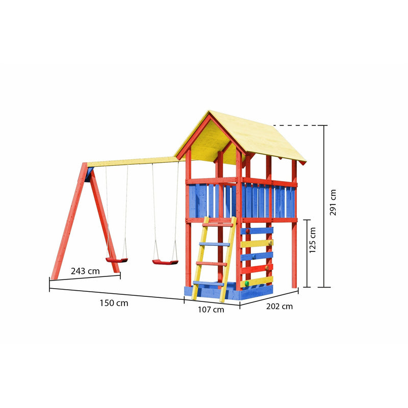 Akubi Kinderspielturm  "Zirkusturm" SET naturbelassen mit Kletterwand, Schaukelanbau doppel, Verlängerung, Kinderfarbmalsets