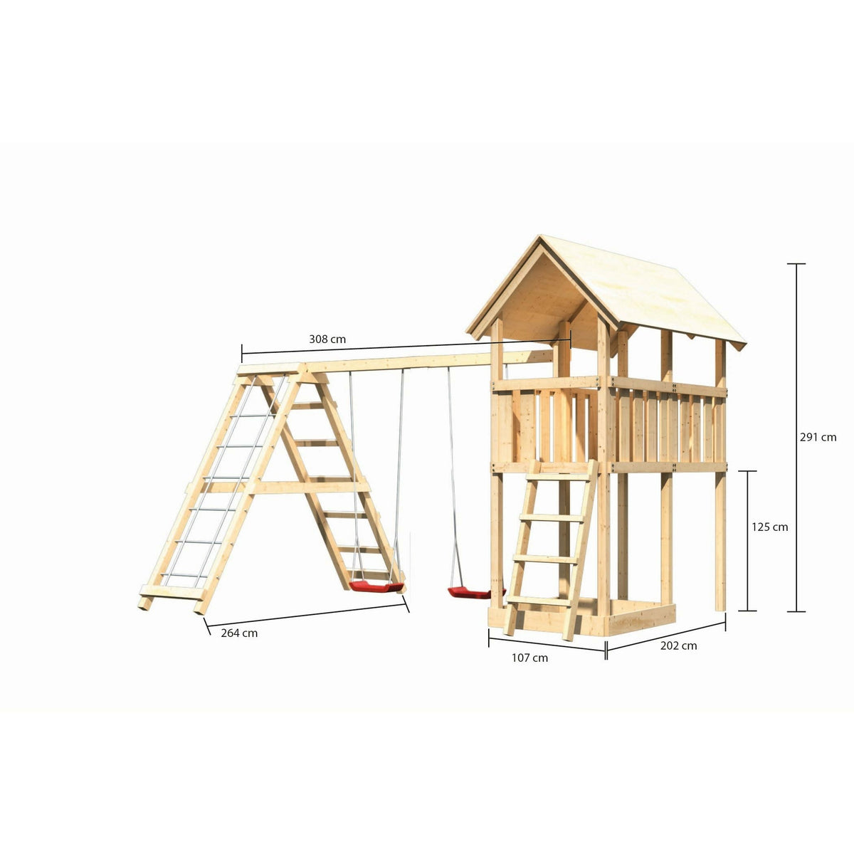 Akubi Kinderspielturm "Danny" SET naturbelassen mit Doppelschaukelanbau mit Klettergerüst und Netzrampe