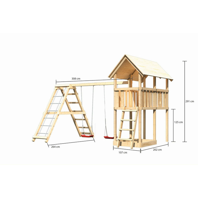 Akubi Kinderspielturm "Danny" SET naturbelassen mit Doppelschaukelanbau mit Klettergerüst und Netzrampe