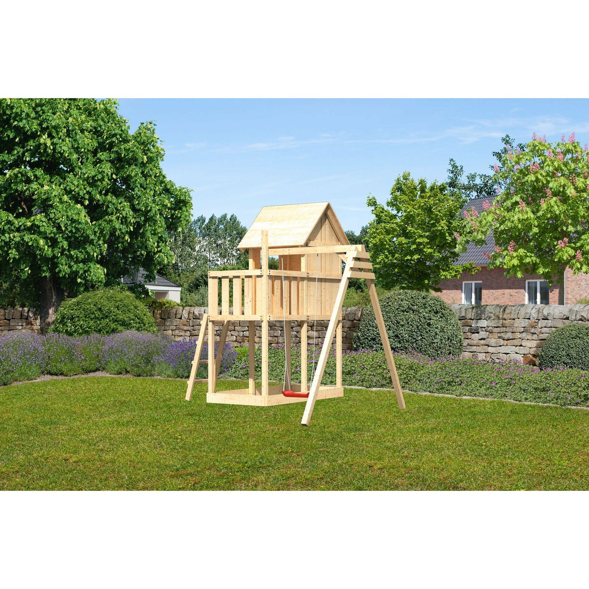 Akubi Kinderspielhaus "Frieda" SET naturbelassen mit Schaukelanbau Einzel