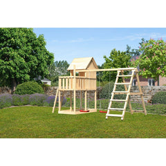 Akubi Kinderspielhaus "Frieda" SET naturbelassen mit DSanbau mit Klettergerüst und Netzrampe – Vorschau 1