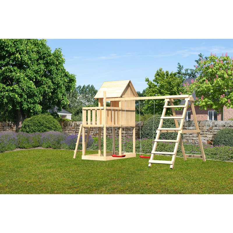 Akubi children's playhouse "Frieda" SET natural with DS extension with climbing frame and net ramp