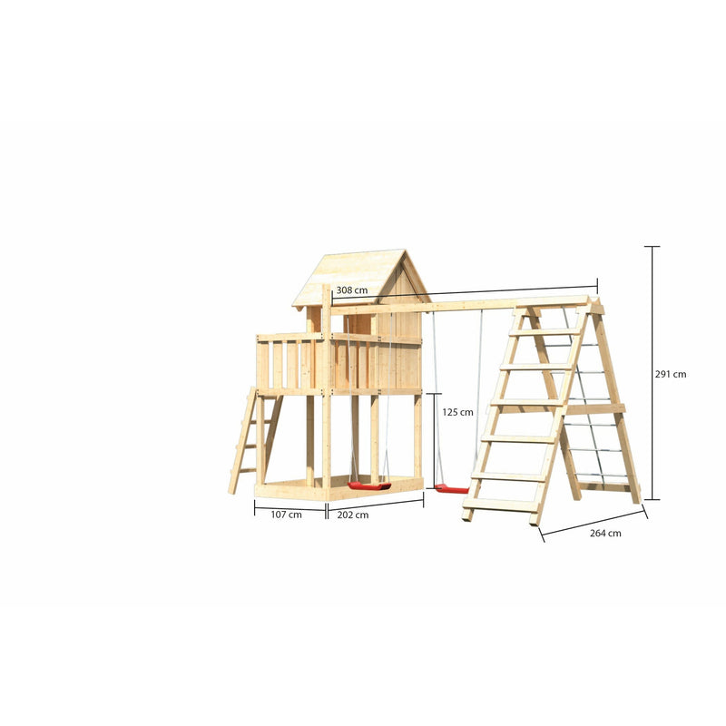 Akubi children's playhouse "Frieda" SET natural with DS extension with climbing frame and net ramp