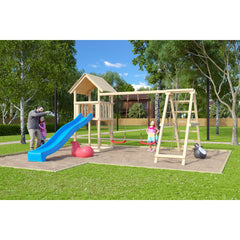Akubi Kinderspielturm "Lotti" Satteldach SET naturbelassen mit Doppelschaukelanbau Klettergerüst und Rutsche blau – Vorschau 1
