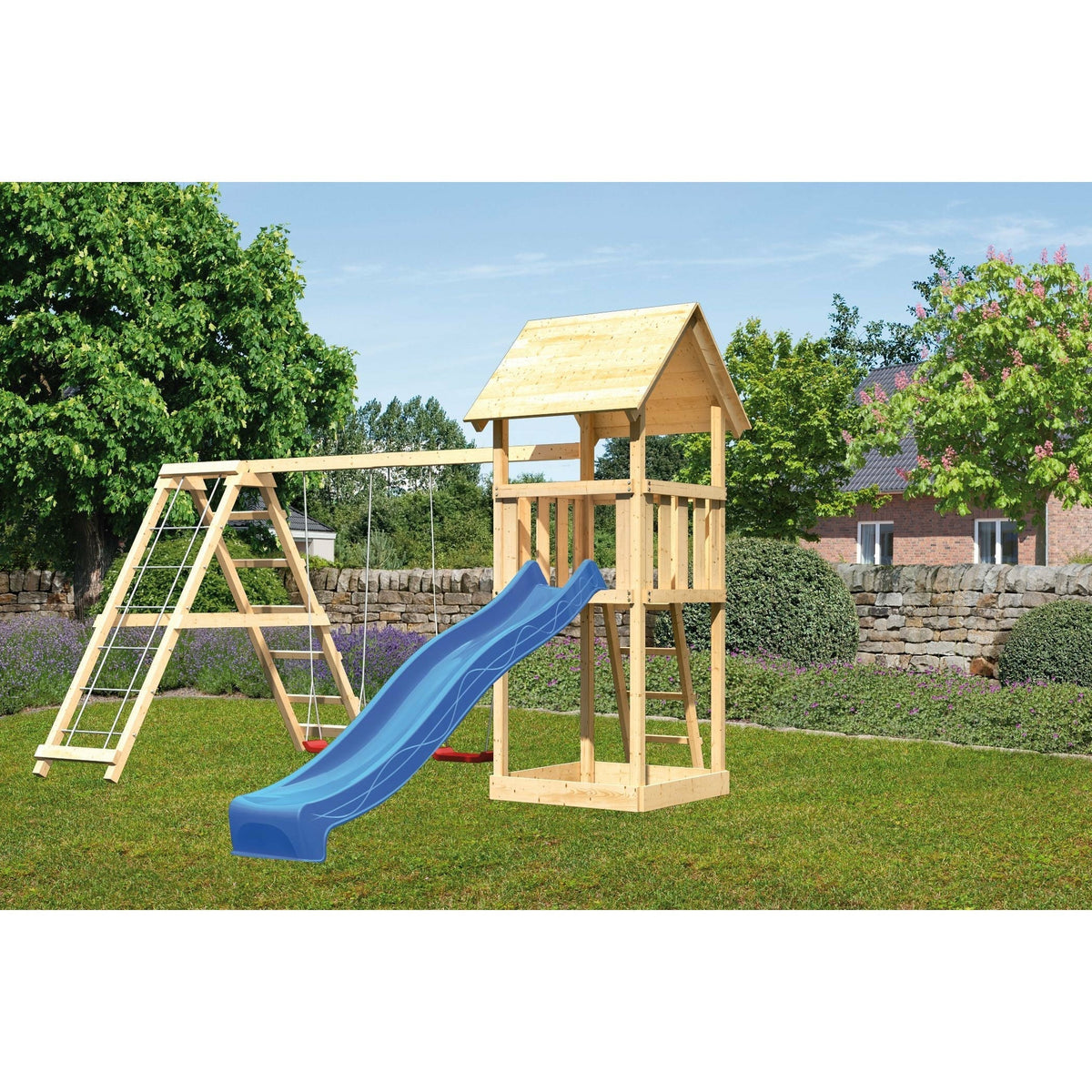 Akubi Kinderspielturm "Lotti" Satteldach SET naturbelassen mit Doppelschaukelanbau Klettergerüst und Rutsche blau