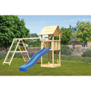 Akubi children's play tower "Lotti" saddle roof SET natural with double swing attachment, climbing frame and slide blue