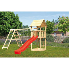 Akubi children's play tower "Lotti" saddle roof SET natural with double swing attachment, climbing frame and slide red – Vorschau 1