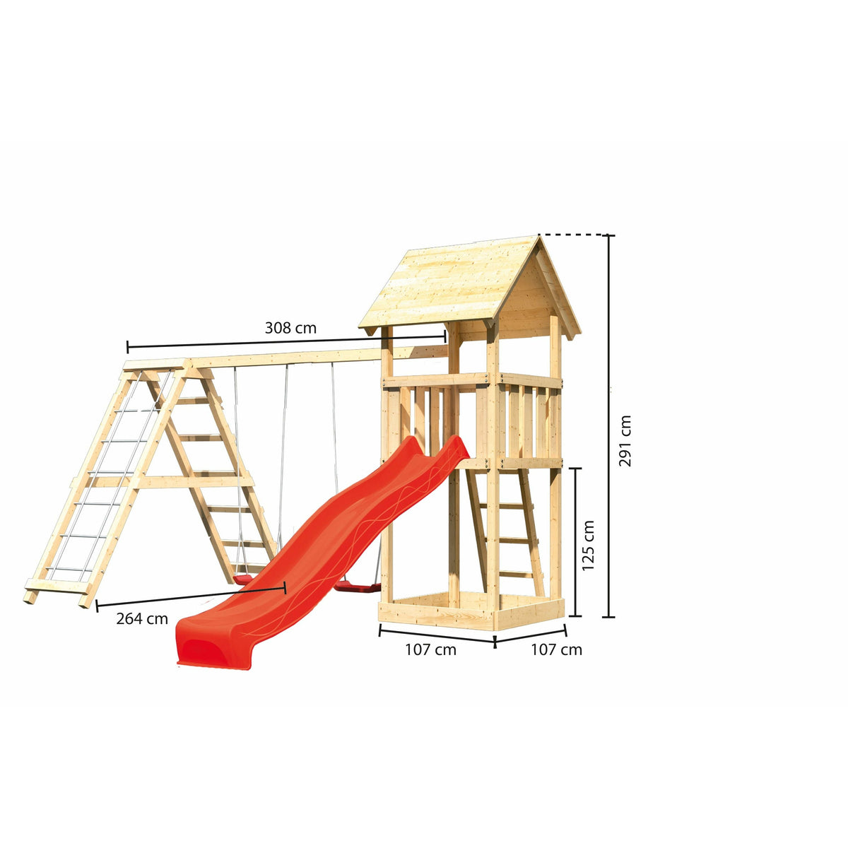 Akubi children's play tower "Lotti" saddle roof SET natural with double swing attachment, climbing frame and slide red