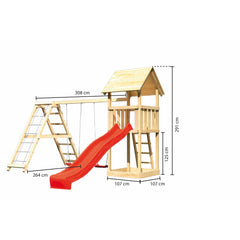Akubi children's play tower "Lotti" saddle roof SET natural with double swing attachment, climbing frame and slide red – Vorschau 2