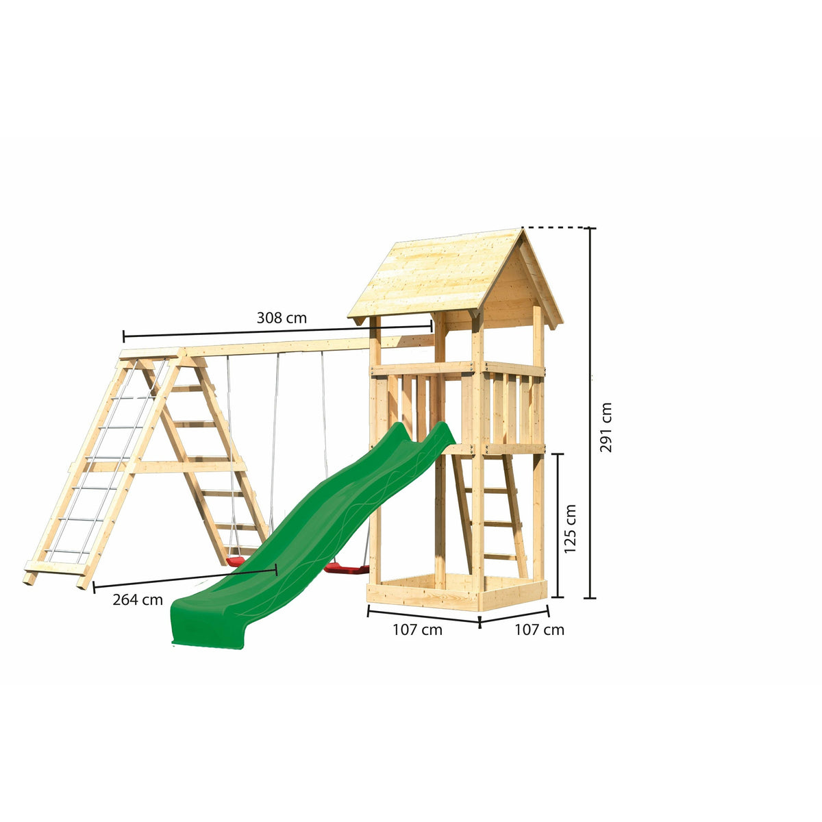 Akubi Kinderspielturm "Lotti" Satteldach SET naturbelassen mit Doppelschaukelanbau Klettergerüst und Rutsche  grün