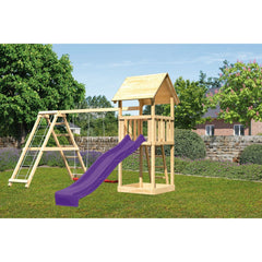Akubi children's play tower "Lotti" gable roof SET natural with double swing attachment, climbing frame and slide purple – Vorschau 1