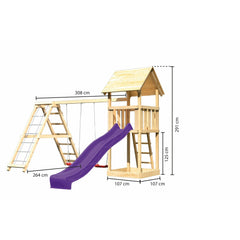 Akubi children's play tower "Lotti" gable roof SET natural with double swing attachment, climbing frame and slide purple – Vorschau 2