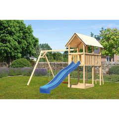 Akubi Kinderspielturm "Danny" Satteldach SET naturbelassen mit Doppelschaukel ECO und Rutsche blau – Vorschau 1