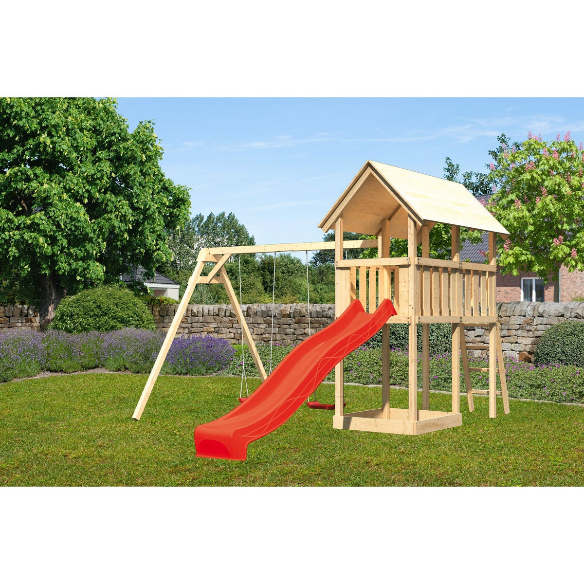 Akubi Kinderspielturm "Danny" Satteldach SET naturbelassen mit Doppelschaukel ECO und Rutsche rot