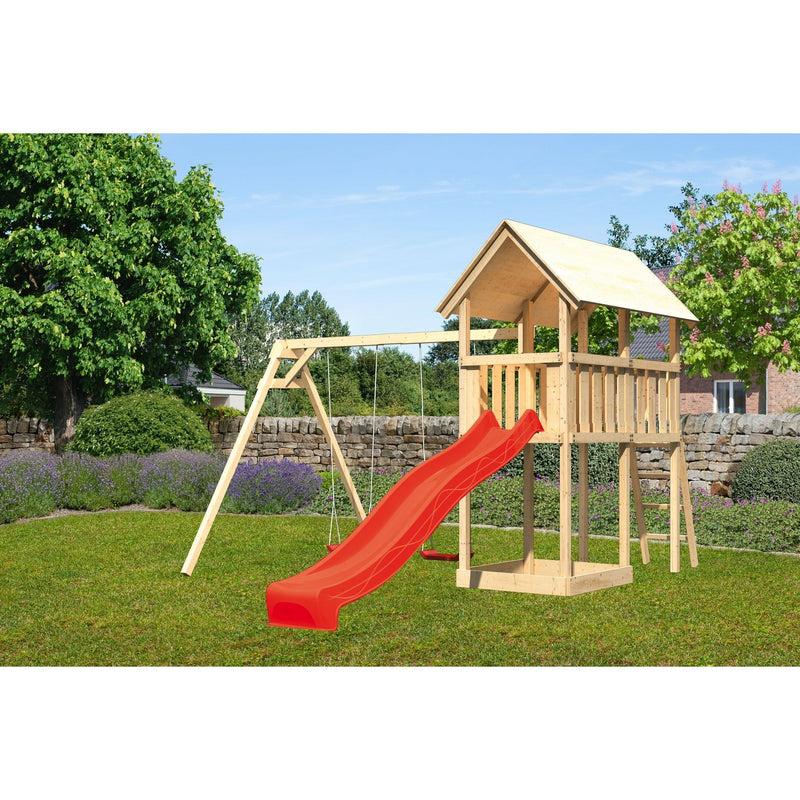 Akubi Kinderspielturm "Danny" Satteldach SET naturbelassen mit Doppelschaukel ECO und Rutsche rot
