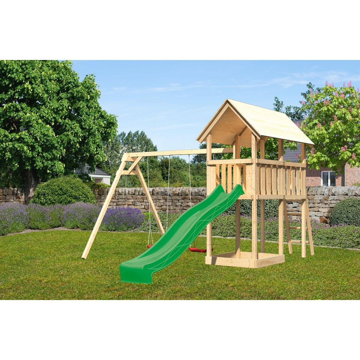 Akubi children's play tower "Danny" saddle roof SET natural with double swing ECO and slide green
