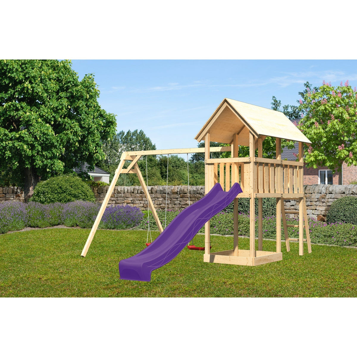 Akubi children's play tower "Danny" gable roof SET natural with double swing ECO and slide purple
