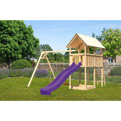Akubi children's play tower "Danny" gable roof SET natural with double swing ECO and slide purple – Vorschau 1