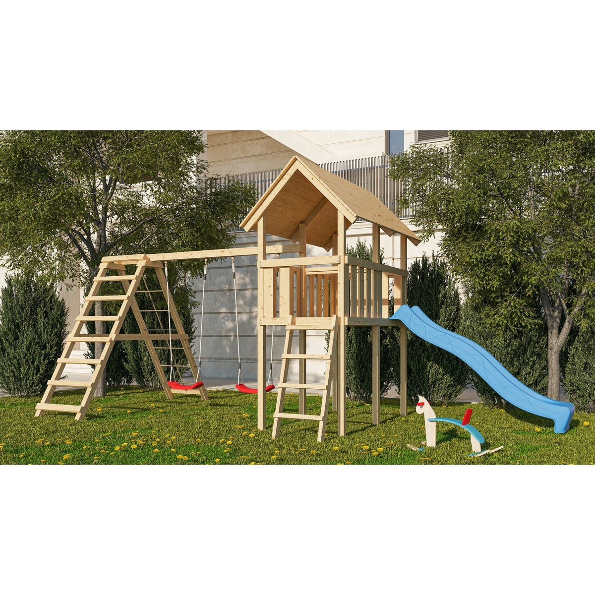 Akubi children's play tower "Danny" gable roof SET natural with double swing ECO climbing frame and slide blue