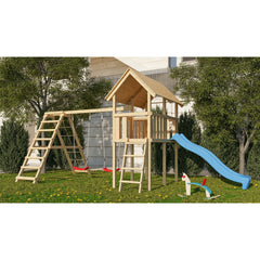 Akubi children's play tower "Danny" gable roof SET natural with double swing ECO climbing frame and slide blue – Vorschau 1