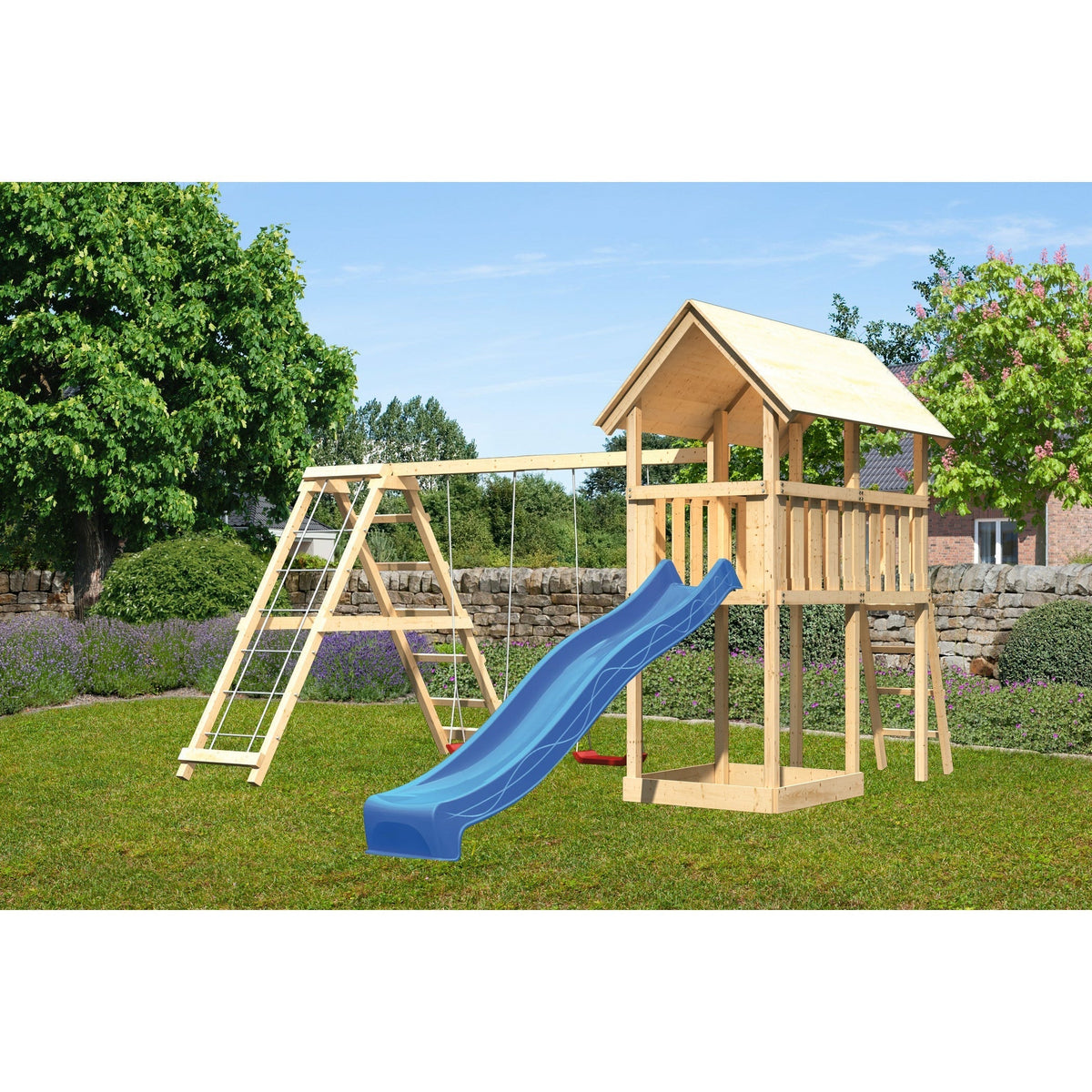 Akubi children's play tower "Danny" gable roof SET natural with double swing ECO climbing frame and slide blue