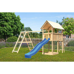 Akubi children's play tower "Danny" gable roof SET natural with double swing ECO climbing frame and slide blue – Vorschau 2