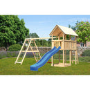 Akubi Kinderspielturm "Danny" Satteldach SET naturbelassen mit Doppelschaukel ECO Klettergerüst und Rutsche blau