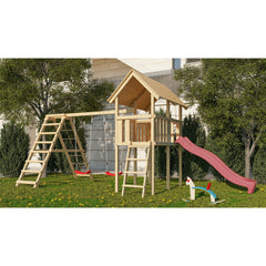 Akubi Kinderspielturm "Danny" Satteldach SET naturbelassen mit Doppelschaukel ECO Klettergerüst und Rutsche rot – Vorschau 1