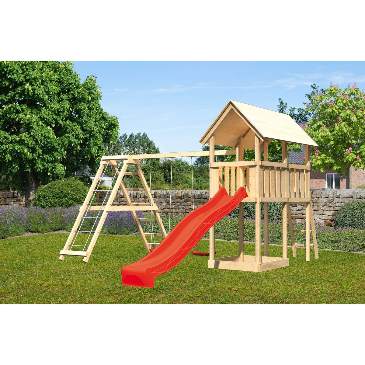 Akubi Kinderspielturm "Danny" Satteldach SET naturbelassen mit Doppelschaukel ECO Klettergerüst und Rutsche rot
