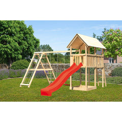 Akubi Kinderspielturm "Danny" Satteldach SET naturbelassen mit Doppelschaukel ECO Klettergerüst und Rutsche rot – Vorschau 2