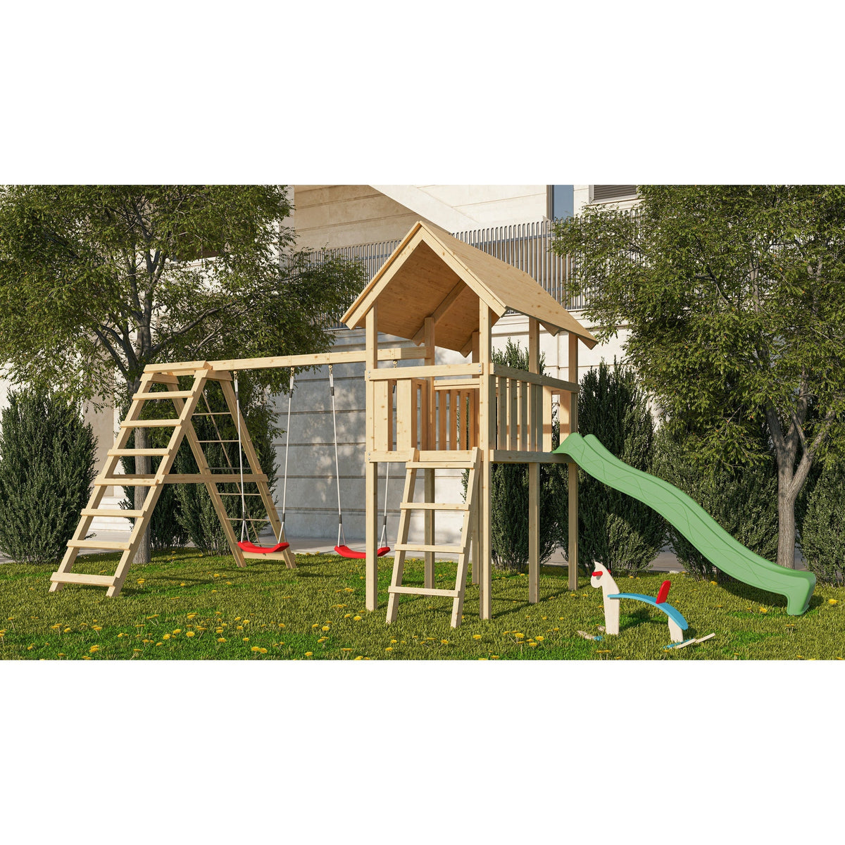 Akubi children's play tower "Danny" gable roof SET natural with double swing ECO climbing frame and slide green