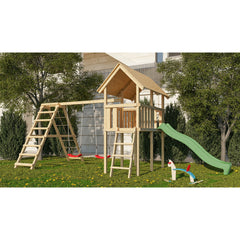 Akubi children's play tower "Danny" gable roof SET natural with double swing ECO climbing frame and slide green – Vorschau 1