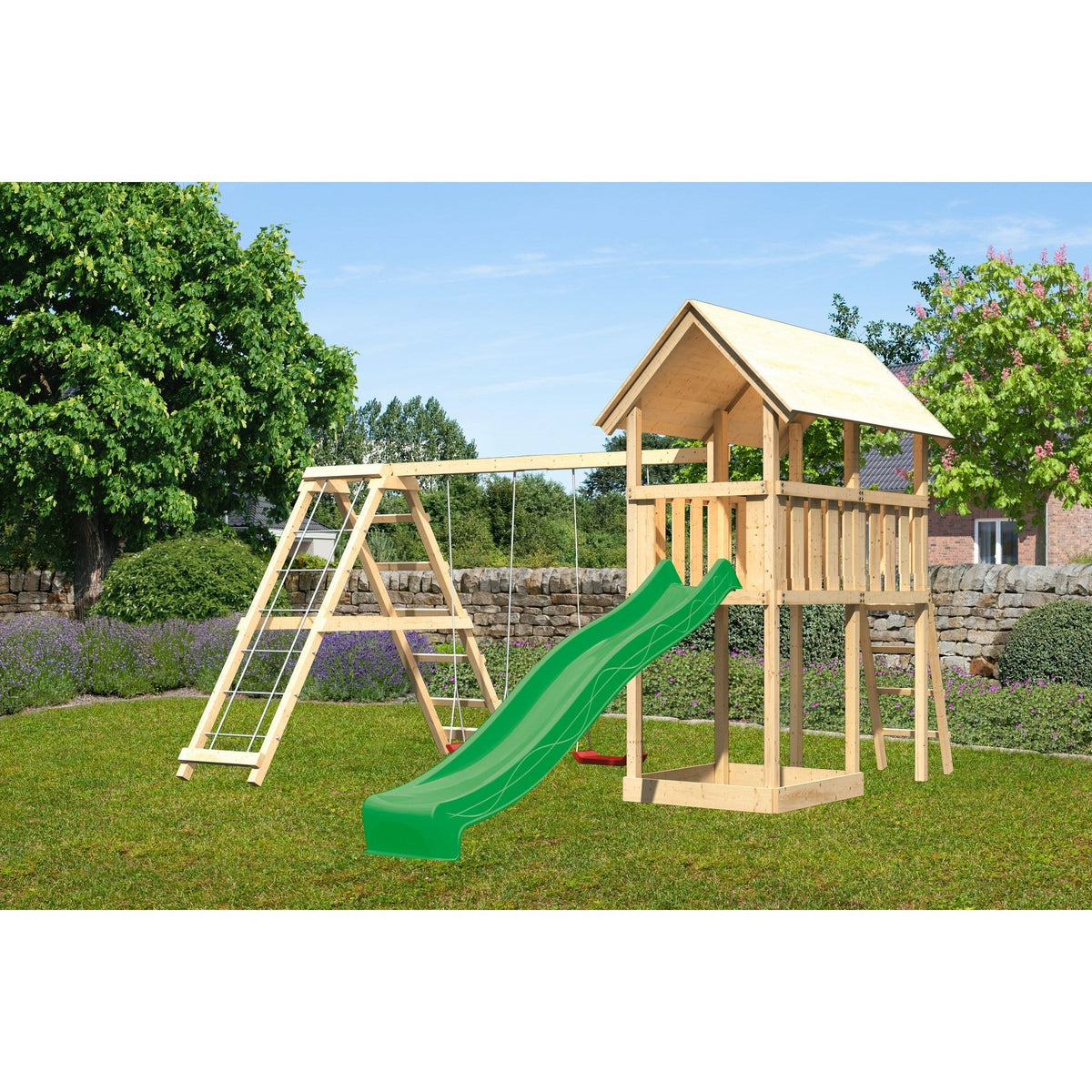 Akubi children's play tower "Danny" gable roof SET natural with double swing ECO climbing frame and slide green