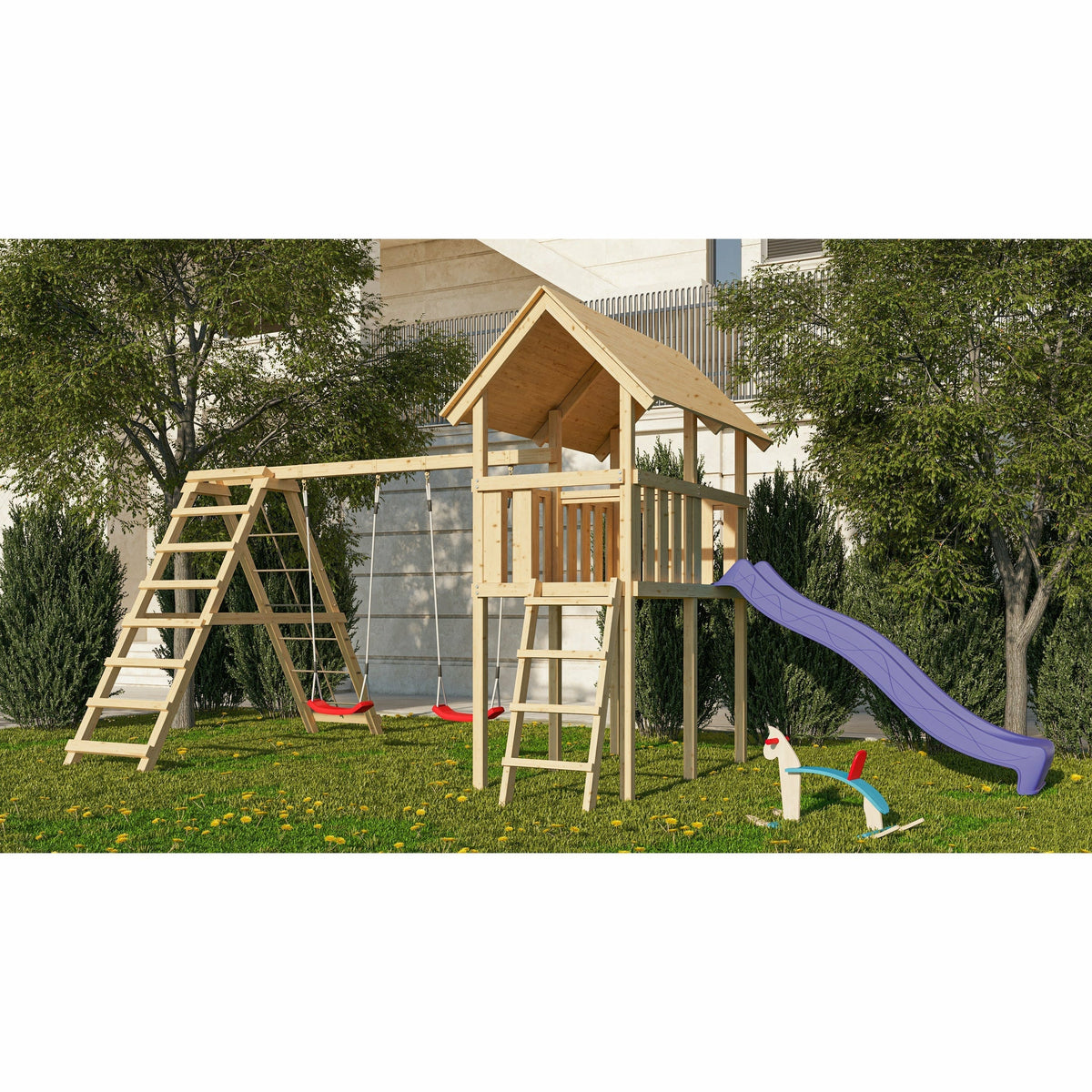 Akubi children's play tower "Danny" gable roof SET natural with double swing ECO climbing frame and slide purple