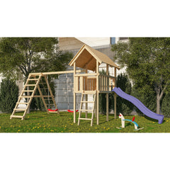 Akubi children's play tower "Danny" gable roof SET natural with double swing ECO climbing frame and slide purple – Vorschau 1