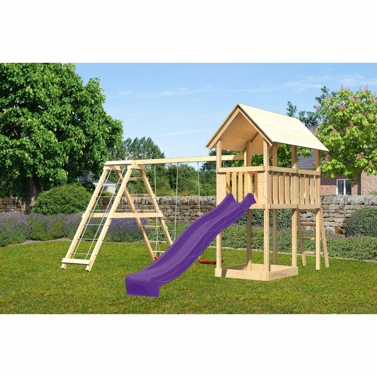 Akubi children's play tower "Danny" gable roof SET natural with double swing ECO climbing frame and slide purple