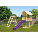 Tour de jeux pour enfants Akubi "Danny" toit à pignon SET naturel avec double balançoire ECO cadre d'escalade et toboggan violet