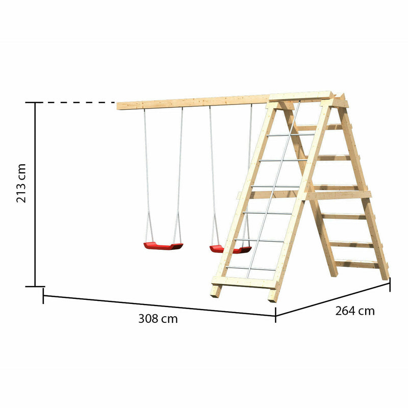Akubi Kinderspielturm "Danny" Satteldach SET naturbelassen  mit Doppelschaukel ECO Klettergerüst und Rutsche violett