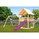 Akubi play tower "Luis" saddle roof SET with double swing and slide purple