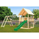 Akubi play tower "Luis" gable roof SET natural with double swing, climbing frame and slide green