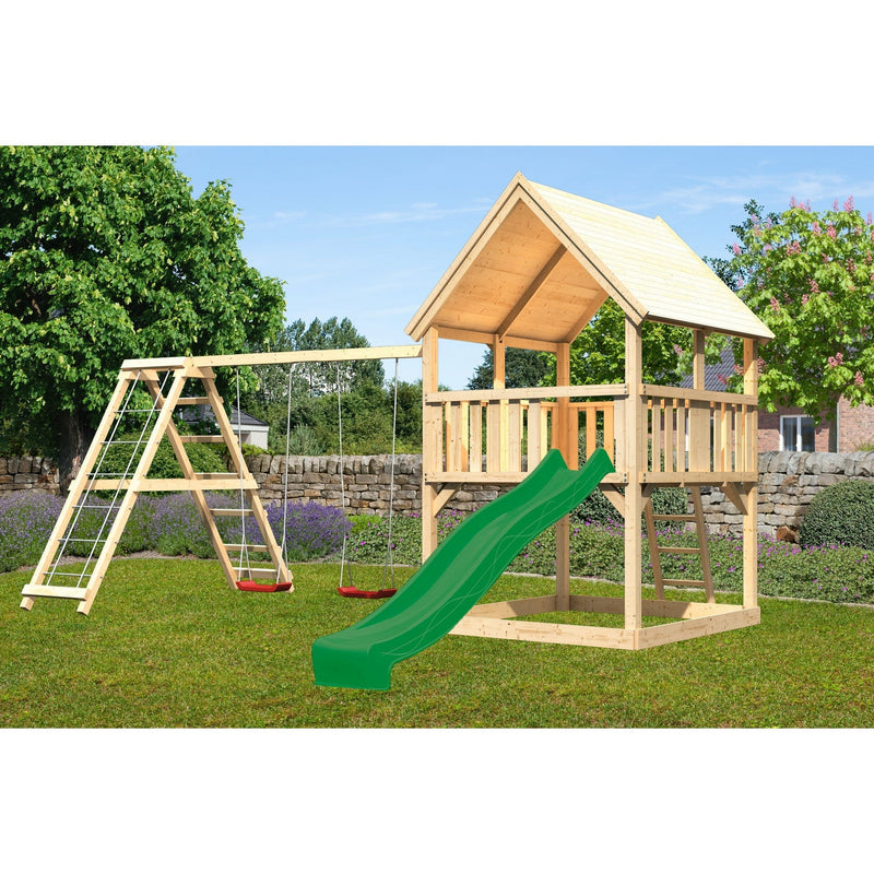 Tour de jeux Akubi "Luis" toit à pignon SET naturel avec portique à double balançoire et toboggan vert