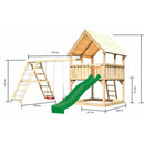 Akubi play tower "Luis" gable roof SET natural with double swing, climbing frame and slide green