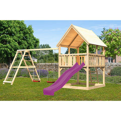 Akubi Spielturm "Luis" Satteldach SET naturbelassen mit Satteldach, Doppelschaukel Klettergerüst und Rutsche violett – Vorschau 1