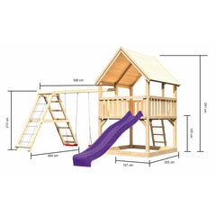Akubi Spielturm "Luis" Satteldach SET naturbelassen mit Satteldach, Doppelschaukel Klettergerüst und Rutsche violett – Vorschau 2